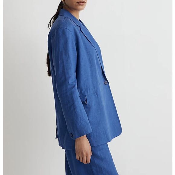 Madewell Double-Breasted Crossover Blazer in 100% Linen in Blue - Picture 1 of 13